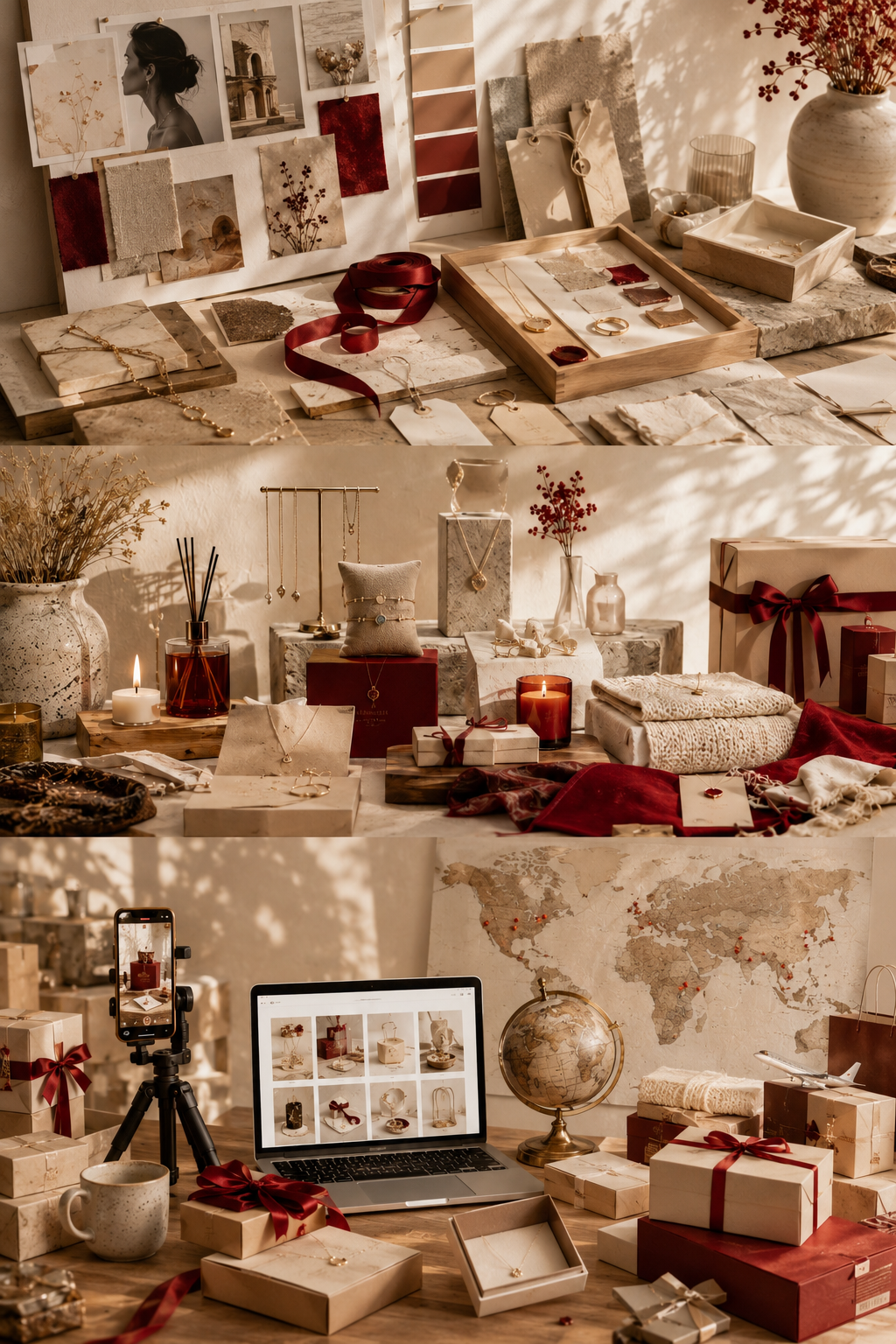 Curated jewellery and creative products displayed in a warm studio setting