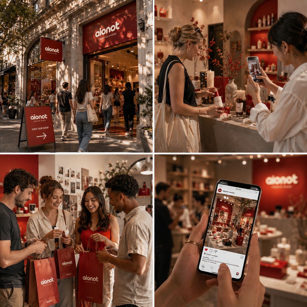 Collage of the aionot shopfront, customers, gifts and in-store shopping