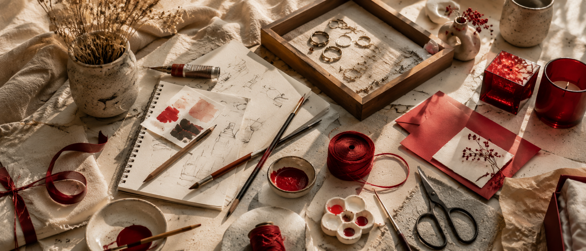 Creative studio table with jewellery, art materials and red accents