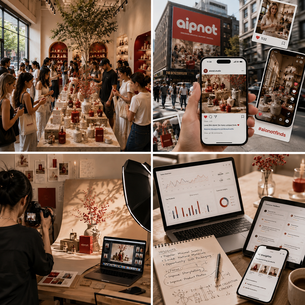 Collage of an aionot market, product photography and online retail services